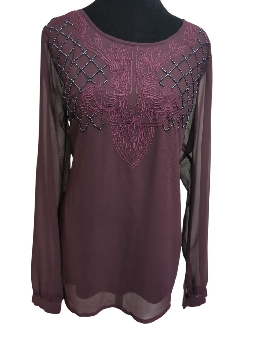 BKE Boutique Large NWOT Burgundy Embroidered Beaded Boho Tunic Sheer Sleeve